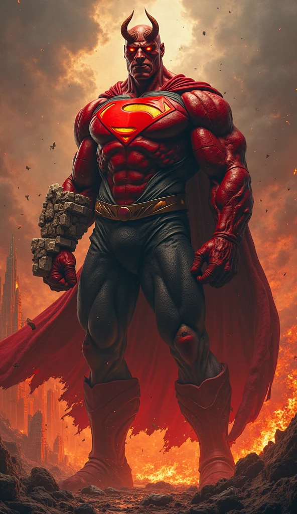 Male, giant, hairless, muscular, red skin, glowing eyes, shark-like teeth, red tech armor, black pants, black arm parts, collar armor, lantern symbol, red boots, fire aura