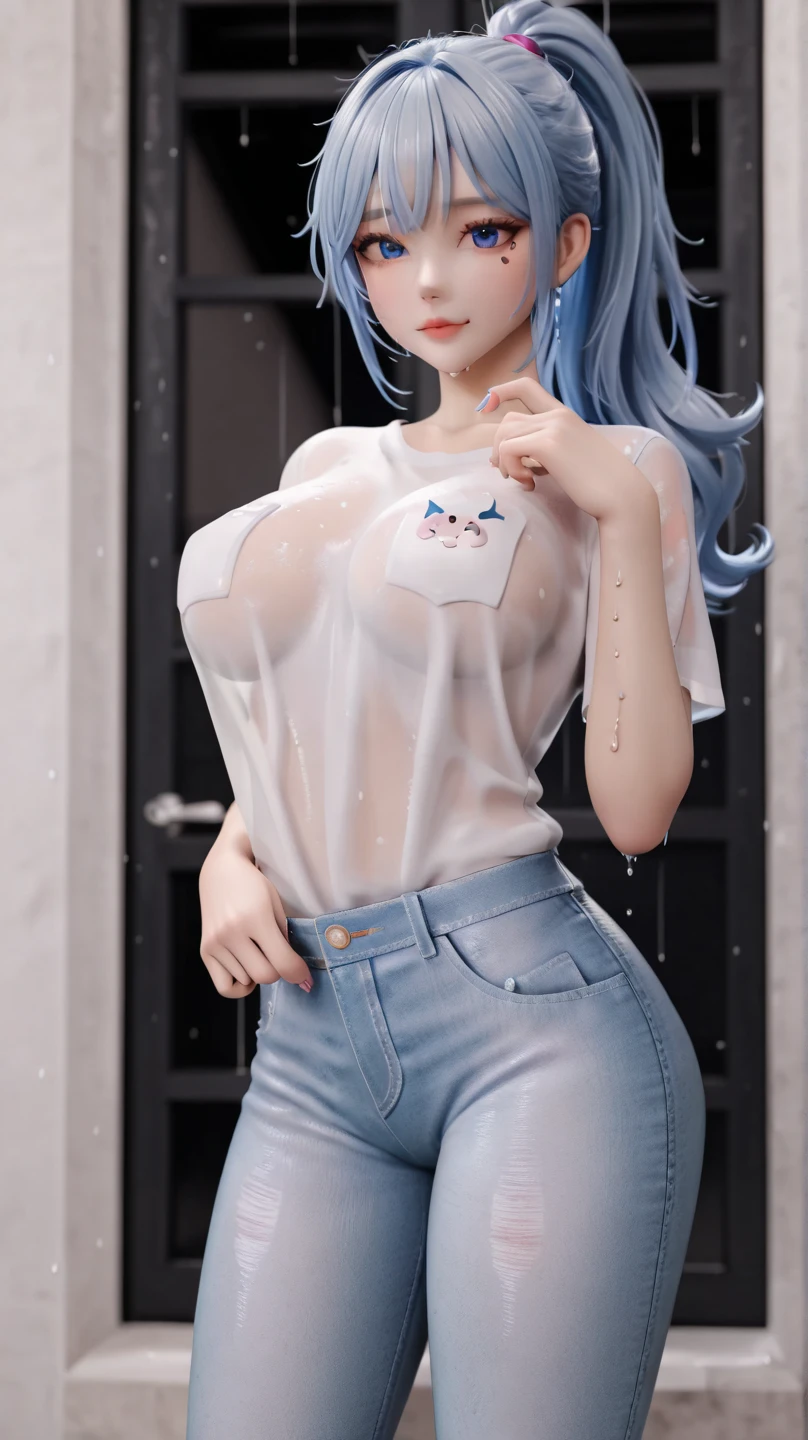 nsfw, masterpiece, best quality, high resolution, (jeans pants), full body, (topless), (barefoot), blush, worried, open mouth, inndoors, ((((((big pee stain)))))) sabrina, pokemon, flipped hair, aqua hair, red eyes