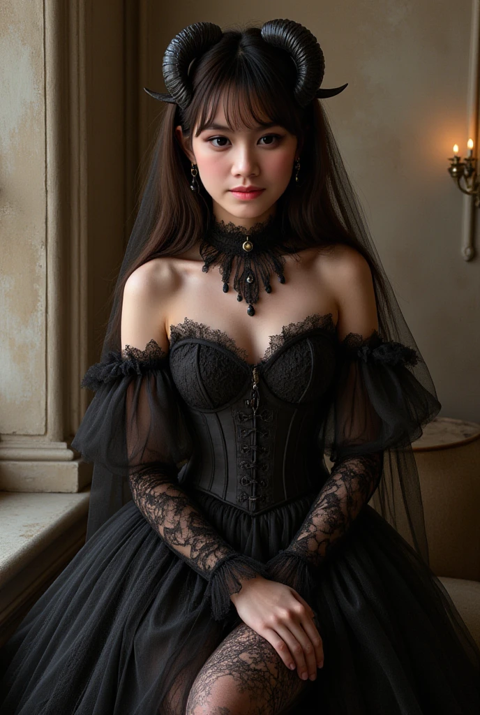 In the center of the image is the、A female character standing in an elegant gothic lolita outfit。She is turning slightly to the left。The character has silver hair with distinctive bangs and curls.、She wears a black lace headpiece and a long veil。Her makeup is dramatic、Dark eyeliner and thick lipstick accentuate her mysterious and brooding look.。

She wore a black dress with intricate lace detailing and multiple layers of ruffles.、It extends to the ankles。The bodice of the dress is decorated with a large black bow and corset-like lacing.。long sleeves、Comes with lace cuffs。She also、She wears black lace gloves that match her headpiece and veil.。

The background consists of a light-colored wall with decorative floral patterns.、It contrasts sharply with her dark outfit.。Soft, diffused light comes in from the left.、The soft lighting highlights the texture of her dress and accessories.、It creates shadows。

The overall atmosphere of the image is melancholic and elegant.、It captures the essence of Victorian-influenced Gothic fashion.。
