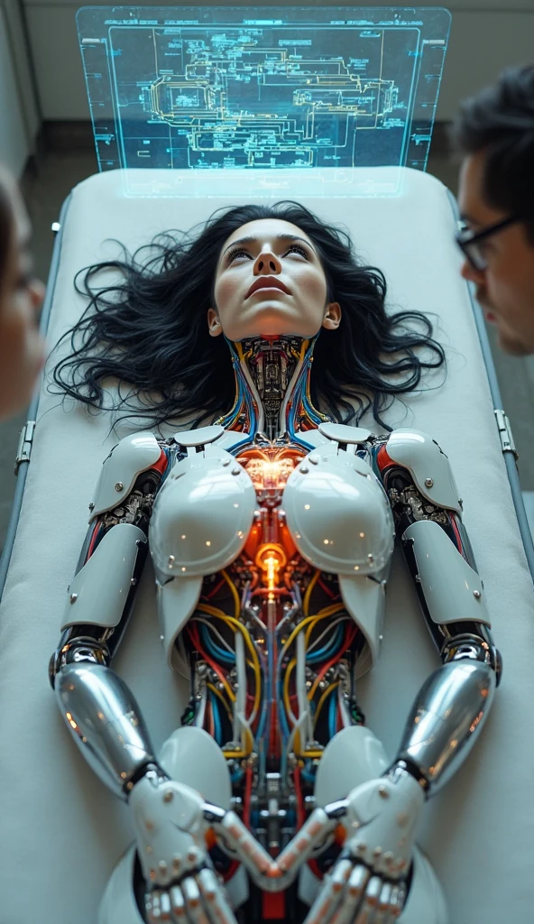Hyper realistic photo, White female robot Goddess Gaia (((attached to a electronic tree of life))), (((Red neon highlights))), Electronic Systems On-Head Humanoids, Detailed connection wire, mechanical limbs, tubes connected to the mechanical parts, mechanical vertebrae attached to the spine, mechanical cervical attachment to the neck, wires and cables connecting to the head, (((Led on a surgical Bed))), (((Cables Connecting to Monitors))) | Biopunk