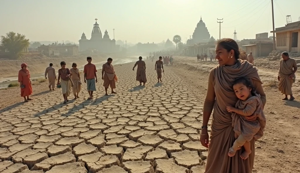 Hindu temple and people and baby's and cattles sinking in heavy flood . Realistic photo