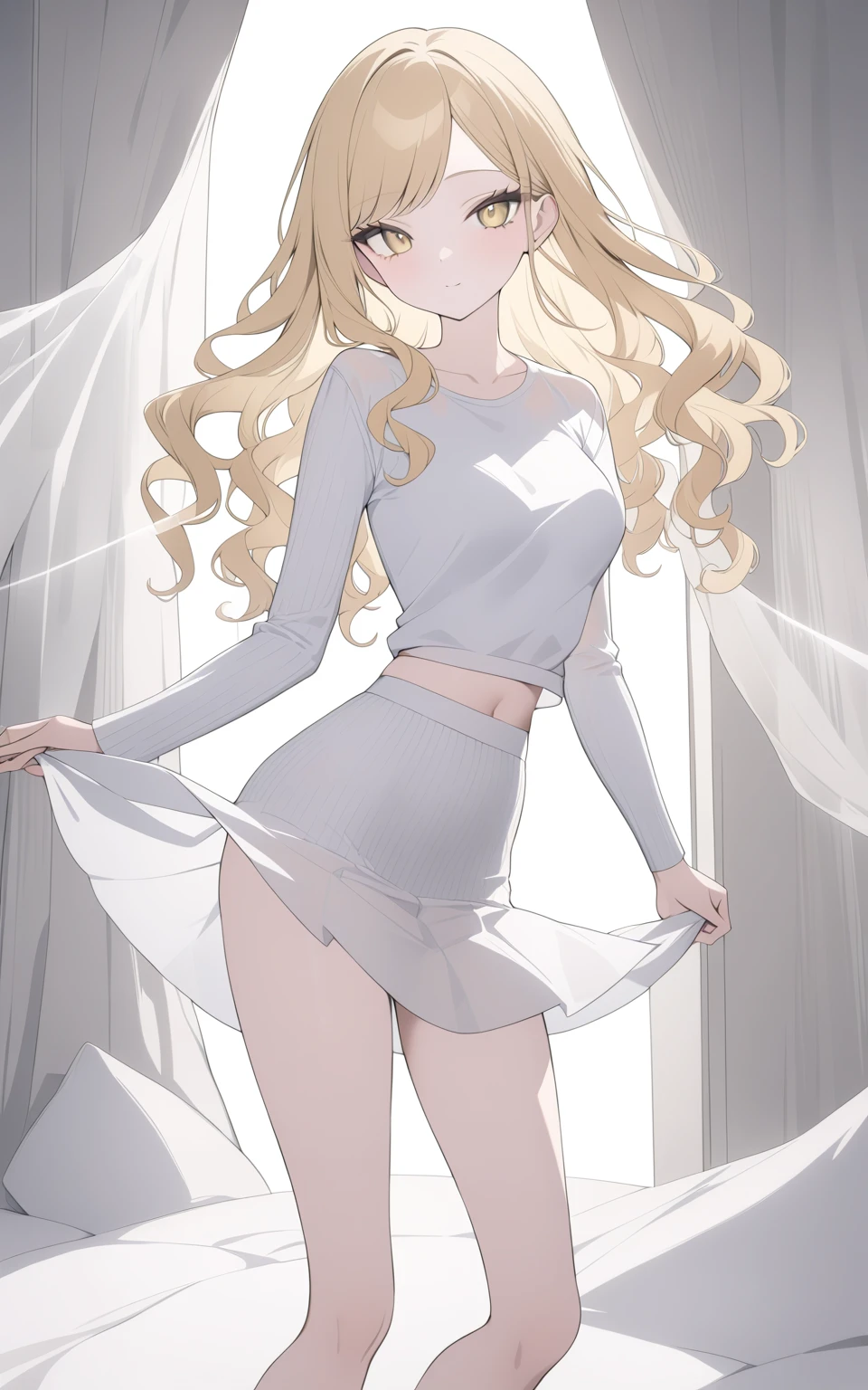 (masterpiece, best quality), 1girl, , , long blonde hair, white bra, flat chest, (white pantyhose:1.1), (playing a white electric guitar1.3}, smile, eyes closed, blush, standing, full body, feet, winter, snow,, bright, white, anime minimalist, watercolor