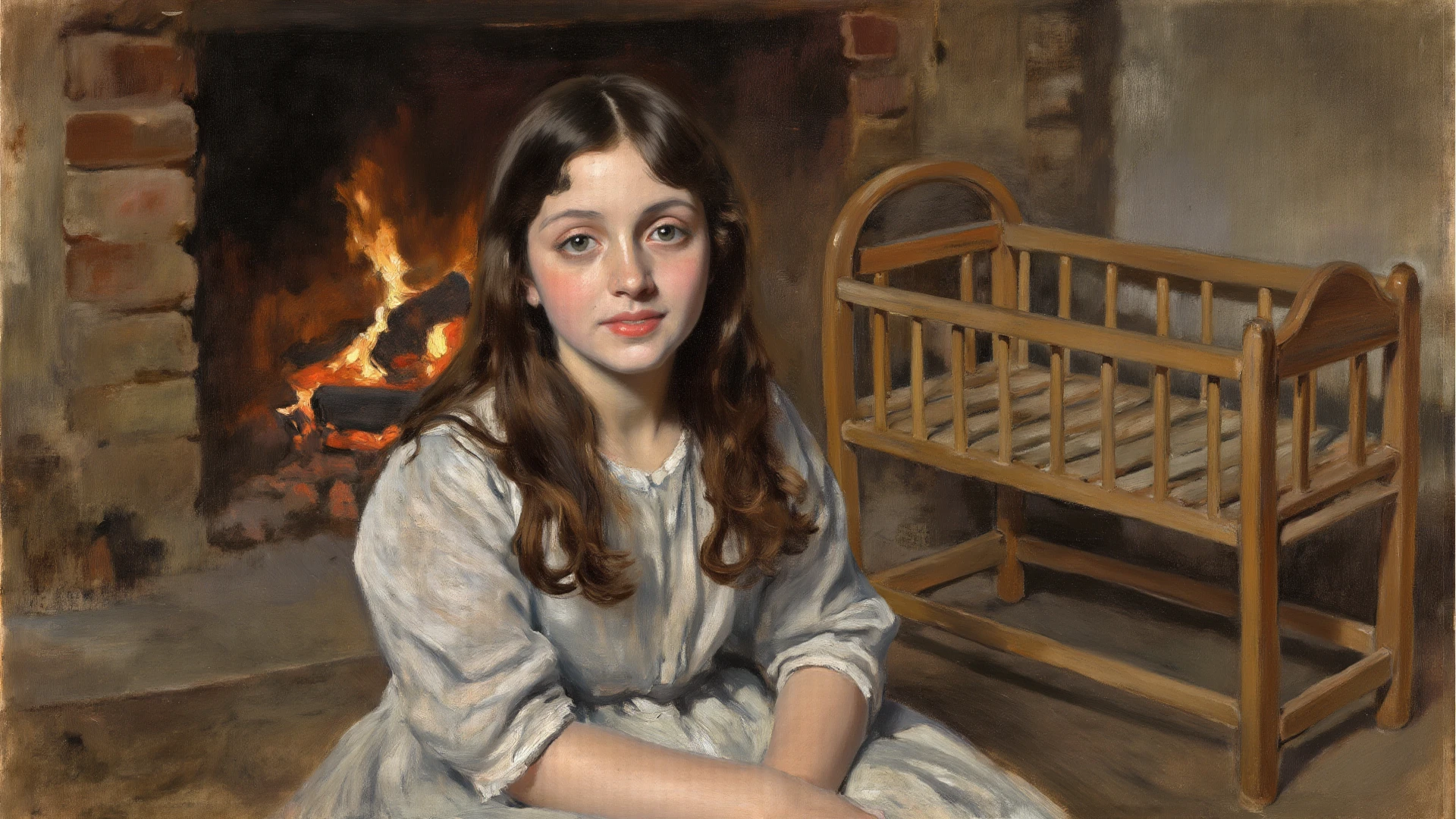 Realismo, uma pintura, estilo de fantasia de conto de fadas, Estilo Natal, Estilo John Tolkien, Pequena pintura de Jean-Baptiste Monge, soft facial features, Menina roqueira, sitting on a chair with loose black hair near the Christmas tree, soft facial features, wearing slacks, wearing a sweater, Com maquiagem leve, dark pink lips, Lip shape"perolado" ,"sobrancelhas curvadas em forma de Engriberts, olhos cinza claro, eyes with heavy eyelids, human hand, muito claro, sem falhas, cinco dedos, cabelo ondulado longo preto, in a knitted sweater, in black pants,Personagem travesso, Christmas tree, Presentes, Jean-Baptiste Monge, anthropomorphic --air 2:3 --testp -otimista;