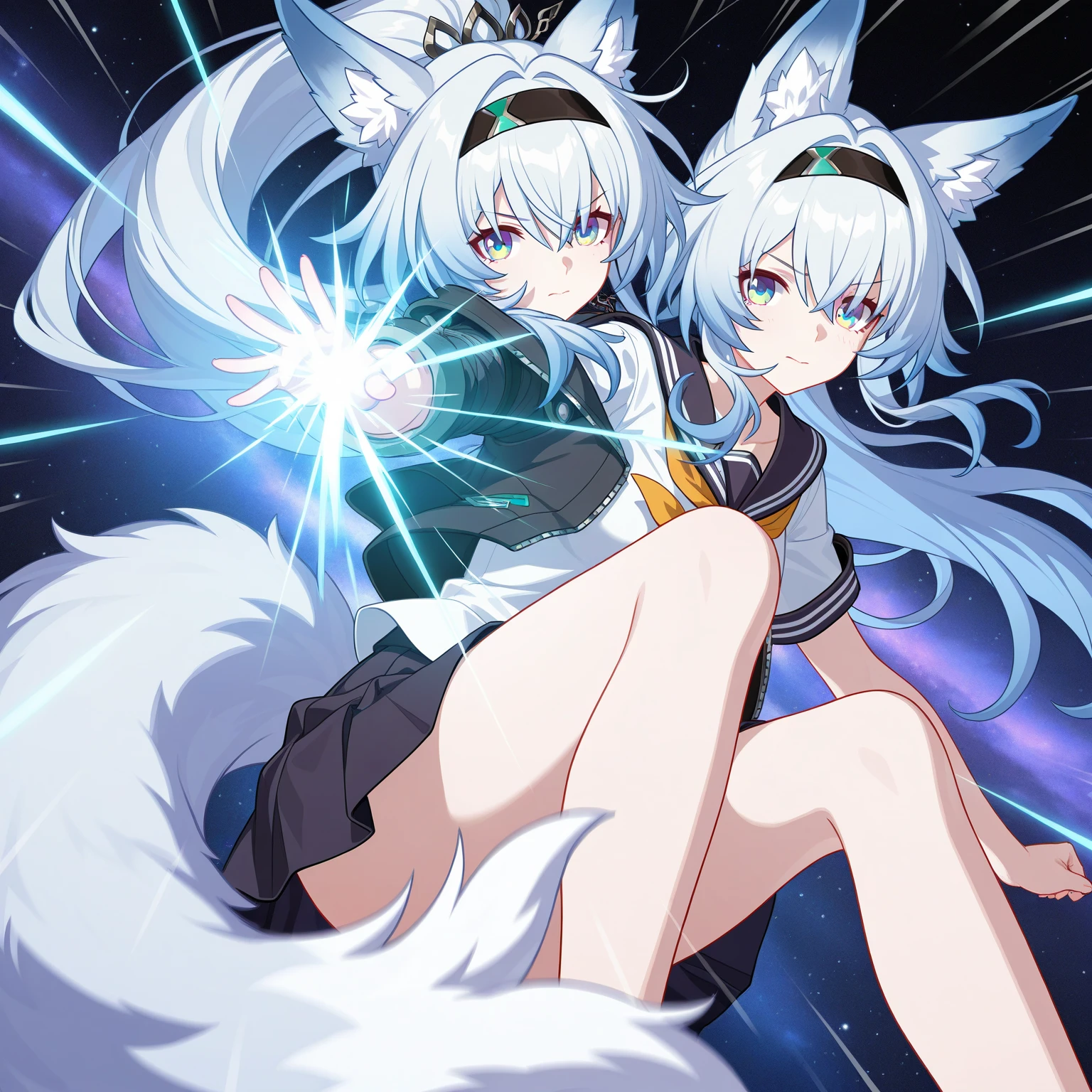 A white wolf looking at a space landscape with several planets in neon colors