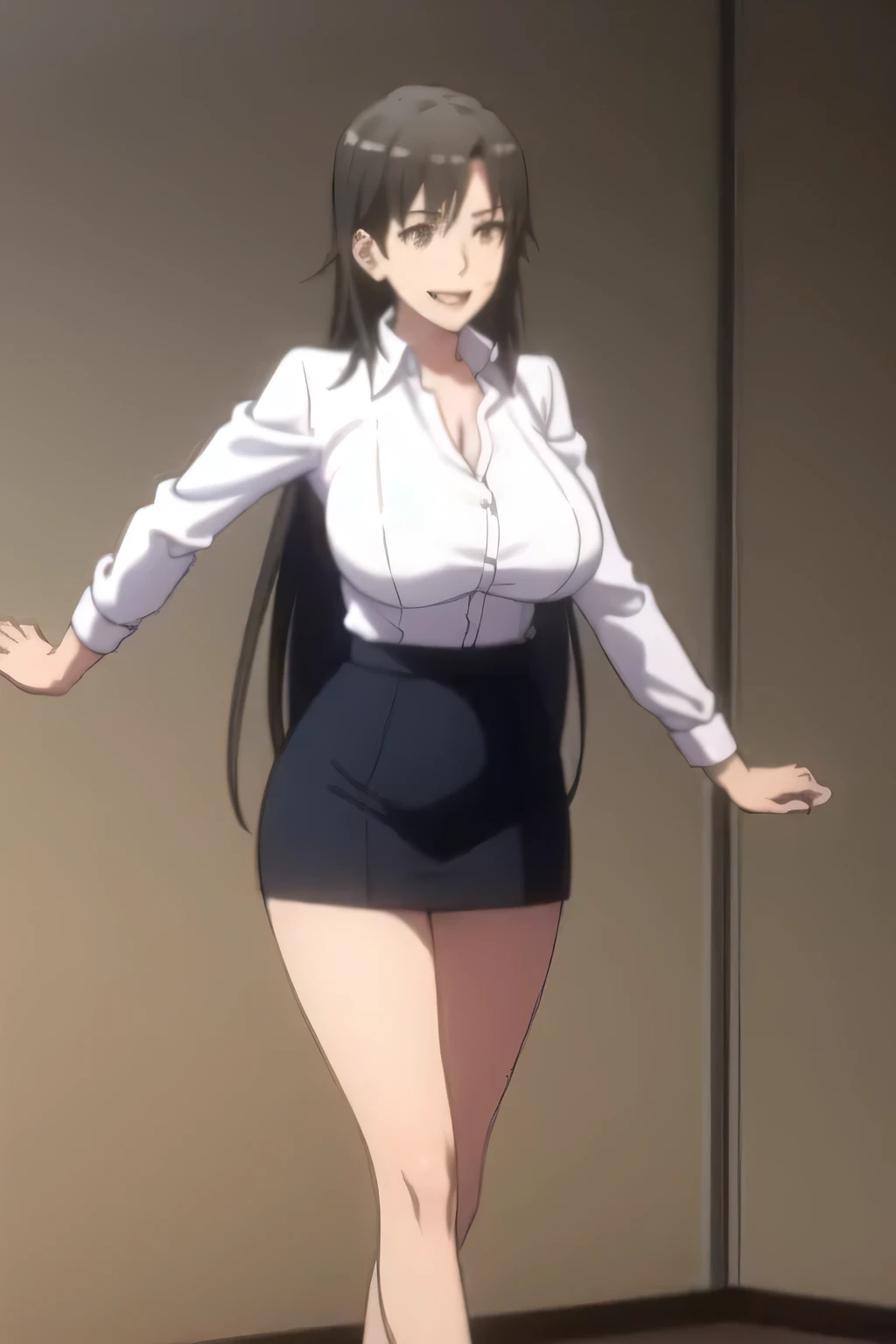 A tall attractive girl with light skin, big chest, long black hair, her brown eye, wears a white button-down shirt, curves a slim navel, and a long black skirt, smiles very attentively, and walks in the hallway in the university background.