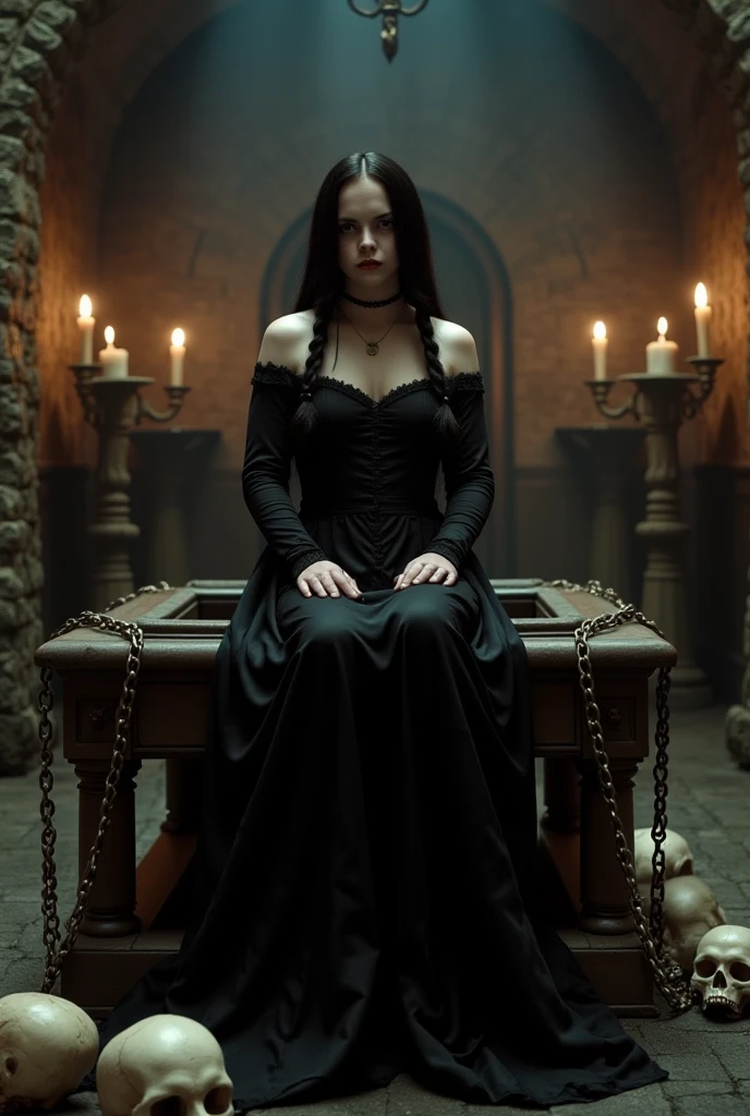 Gothic photo, dark queen, beautiful girl, dark straight hair, queen of the dead, gothic makeup, sitting on a throne of skulls and bones, looking at the viewer, gothic atmosphere, gloomy lighting, little light, semi-darkness, gloomy light passing through the hair