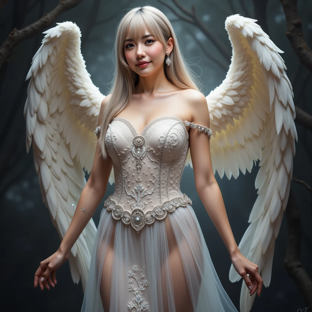 1girl, solo, long hair, breasts, looking at viewer, blonde hair, large breasts, dress, cleavage, bare shoulders, standing, wings, indoors, white dress, lips, feathered wings, angel wings, stairs, skirt hold, white wings