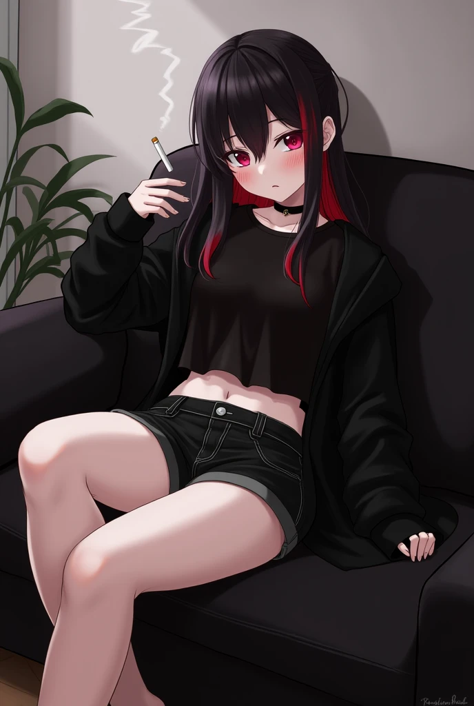 (Best quality, masterpiece) Highest Detailed, Modern Goth woman adult, Dark Eyes, Eye Bags, mouth open,white baggy t-shirt,brown long hair,studded collar,torso,red eyes,pulling up shirt,white background,portrait,full body,no pants,laying on couch,striped socks and underwear,underboob