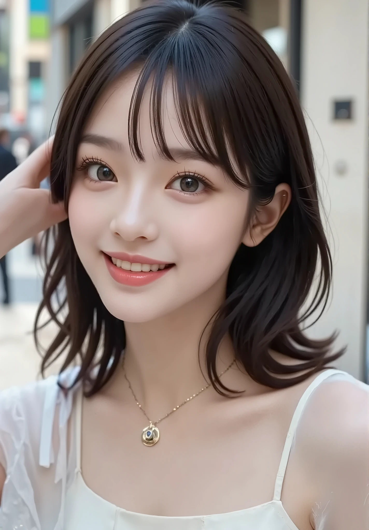 {{Focus on face: 1.8},{{Focus on eyes: 1.8}},{{{Best quality: 1.8}}}, {Best quality: 1.8}, {:1.8}},,{Natural makeup: 1.8},{{Clear eyes: 1.8}, {Transparent white skin}, {Professional lighting)}},{High precision selection},{{{{Upper body photo}}}},{{Single high school girl: Smiling: Chest: Nipples}},,{Red cheeks: 1.6},,{{{{Smile: Big double eyelids: Mascara: Under-eye bags: Long eyelashes: 1.8}}},,{{Eyeshadow: 0.8}},{{{{See-through-white tank top-nipples: 1.8}}}},{{Bob cut: Princess cut: Ponytail: 1.8}},{Hands behind head: 1.8},,{{Blurred white background: 1.8}}