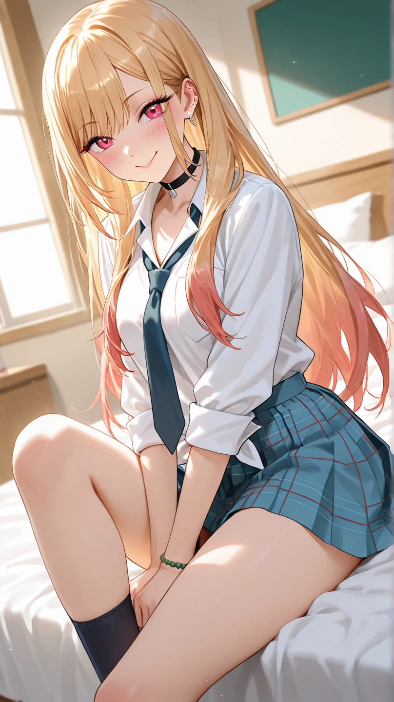 masterpiece, highest quality, One Girl, Long Hair, Change of clothes,underwear, Take off your skirt,embarrassed,blush,lying, on back,arms up,skirt,show off panties,( white panties:1.1), cameltoe,, black choker, black tie, blonde,Hair is pink gradient, underwear, blush, bracelet, chest, choker,, clavicle, collared shirt, Cowboy Shot, ホワイトshirt,, Eyebrows visible through hair, blonde, Embarrassing, Improve, , Kogal, Long Hair, View your viewers, loose tie, tie,,Embarrassing, Red eyes, ring, , shirt, underwear, Troubled face, alone, white shirt, room ,Open your mouth, Ahegao, saliva, blush, compensate, A light smile, Provocative,Lying on your back,Arms above head,