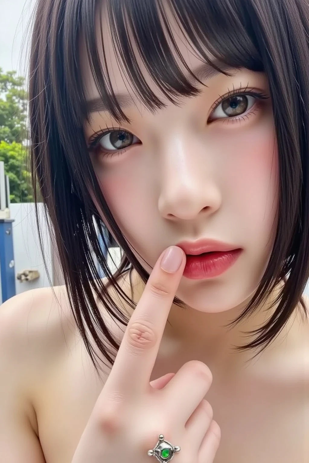 triangle-bikini,(open mouth:1.5),(tongue out:2),Kneeling,handjob,choker,front view,face focus,from above(1girl,Beautiful 14 year old girl,teenager),((Slender,Small breasts,Small face,)),(looking at viewer),Black Hair,bangs,Pool,night,night景,dark,Pink lighting
