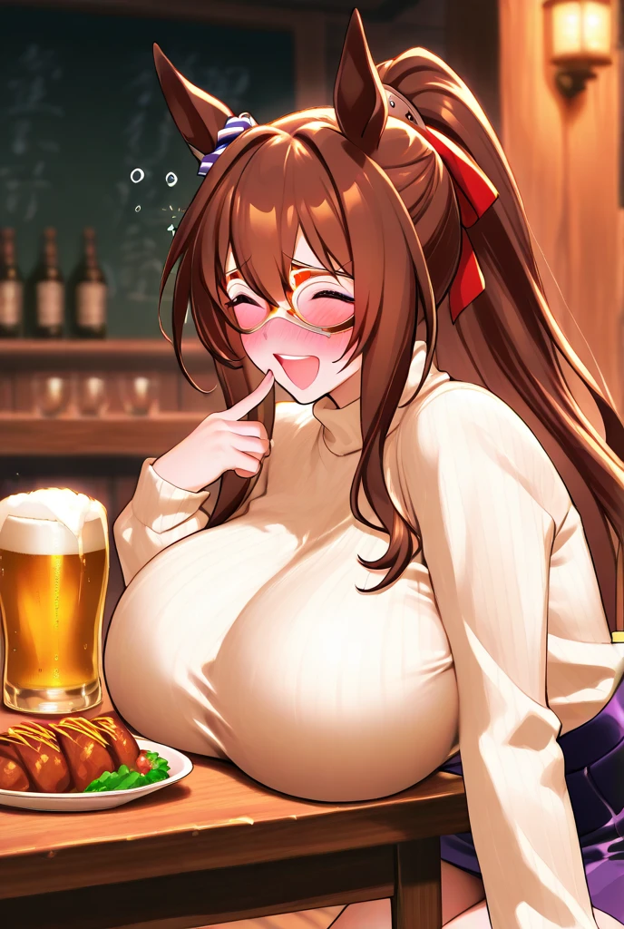 masutepiece, Best Quality, 女の子1人、huge-breasted、bbw、Holding (beer)1.5、Thumbs up、huge smile