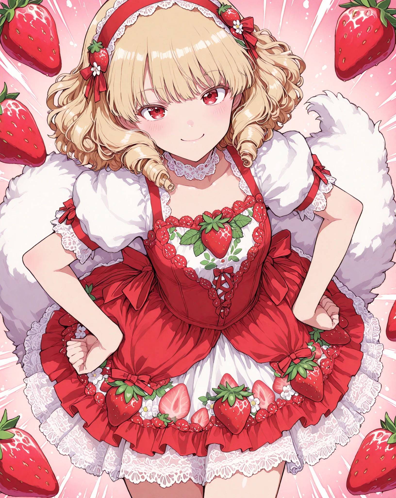 Pigtails, small, nipple seals, huge thighs, thick eyebrows, rabbits, thin waist, female brat, beautiful blonde, braid, strawberry, strawberry costume, strawberry cross-section, simple background, (masterpiece), ((highest quality)), (super detailed), girl, (beautiful eyes)), beautiful detailed eyes, clean and detailed face, five fingers, textile shading, perfect anatomy,