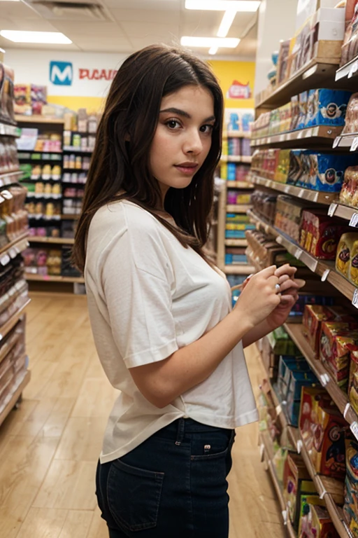 (RAW Photo), DSLR,F/1.2, (((voyeur photography style))), beautiful Columbian and Polish young woman, ((shopping at the grocery store)), walking down grocery isle, looking at items, (((((naked))))), realistic skin, skin imperfections, (real skin:1.1), (detailed skin), stunning, dark colors, midnight, imperfections, (((not looking at camera))), (looking away from the camera), looking at groceries, (((black and white photography))) film grain:1.5, lo-fi,wide angle shot,