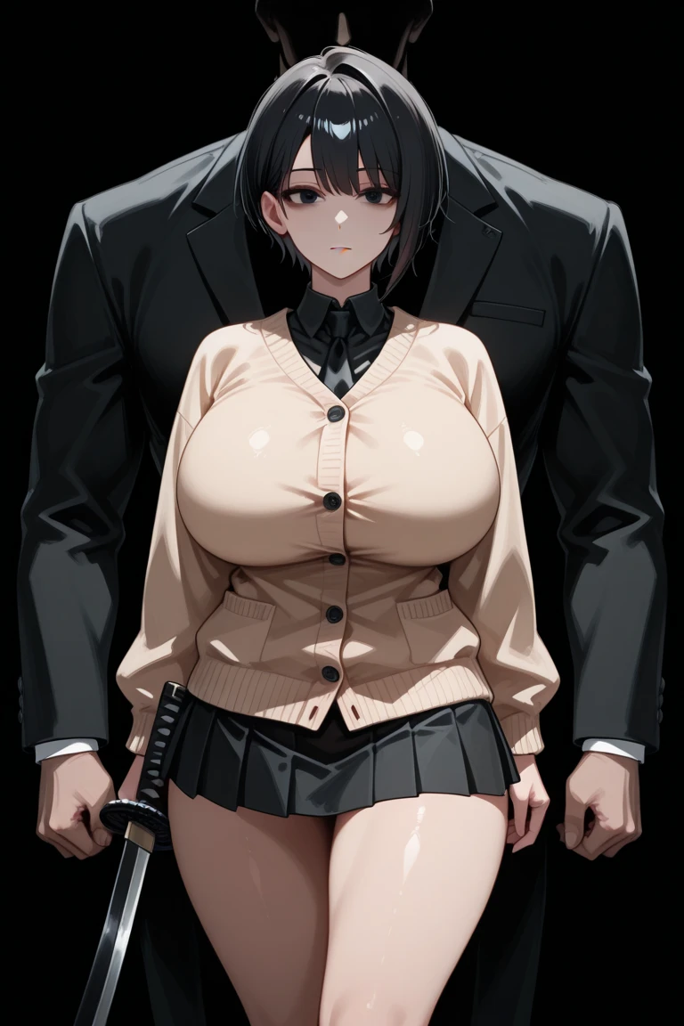 source_anime, rating_explicit, score_9, score_8_up, score_7_up, black_hair, goth, gothic, short_hair, looking at viewer, crop top, skirt, thighhighs, black clotges, goth girl, ikuchan, 2boys, mmf, standing side by side, faceless male, ), muscular male, ((size difference)), clothed, gyaru fashion, breast grab, cuckold pov, ((netorare)), ((ntr)), cuck, cuckolding, ((light skinned male)), ((cuck)), ((bleached)), ((wmaf)), white male Asian female 