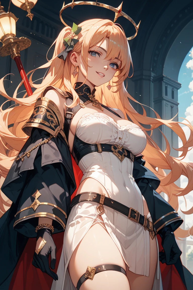 Masterpiece, best quality, White headphone, blonde, Korean woman, tall, slender, Female Knight, red gauntlet, red boots, Sword, beautiful face, beautiful hand, anime pastel, cleavage, Castle