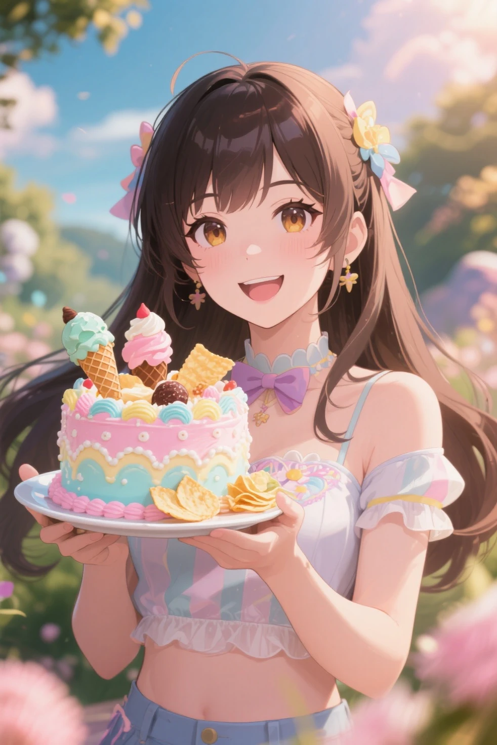 a girl with detailed eyes and lips, standing in a garden, holding a figurine of a character from the game "Virtua Fighter" and a pie. The girl's expression is happy and excited. She is wearing a colorful dress and has long, flowing hair. The garden is filled with blooming flowers and lush greenery. The scene is captured in a vibrant and realistic style, with vivid colors and sharp focus. The lighting is soft and natural, creating a warm and inviting atmosphere. The girl's hand is delicately holding the figurine, showcasing its fine details. The pie is freshly baked and has a golden crust with a delicious filling. The overall image quality is of the highest caliber, with ultra-detailed elements and a photorealistic appearance. The colors are vibrant and the composition is visually stunning. This artwork combines the worlds of gaming and delicious desserts, creating a delightful and immersive visual experience.