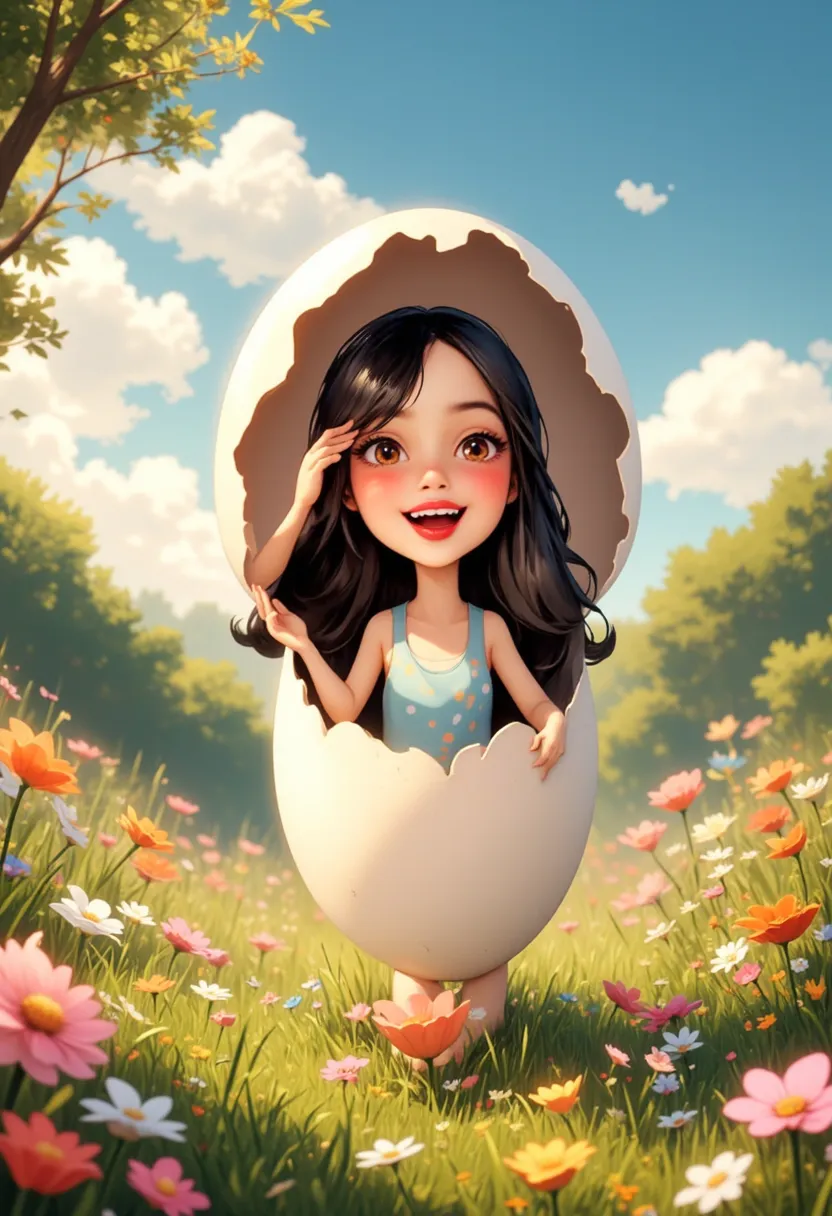 (Photorealism:1.2), Create a 3D poster in the style of Disney PIXAR. 5 year old girl, long black curly hair, brown eyes and smiles. light blue dress, white shoes, holding in hand a white cockerel and a small bird of the species chamin blue(all this in Disney PIXAR 3D style, cartoon style, POP market, soft lighting, smooth lines, spring tilt, detailed illustrations of PIXAR 3D, hyper-realistic details, warm colors in Disney PIXAR 3D style). several poses ...