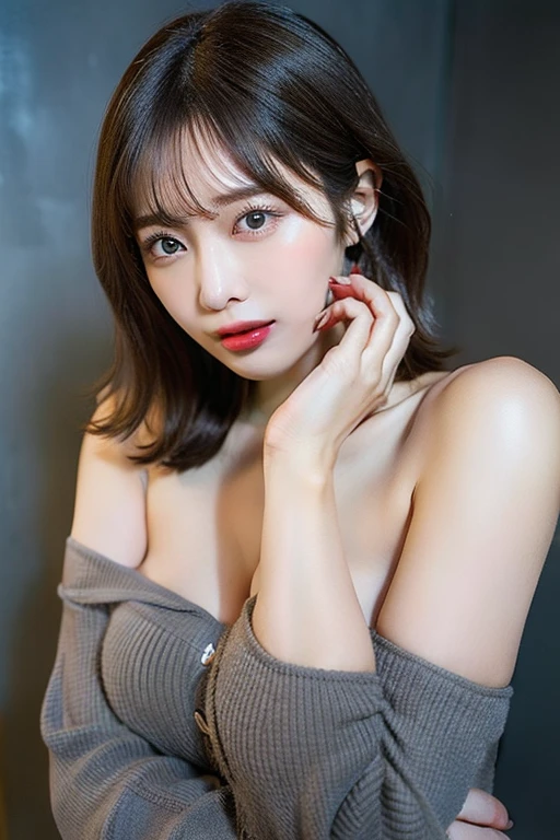 Japanese women, Beauty salon model, 30 years old, Slim figure, Small breasts, Very small waist, Beautiful Face, Beautiful Eyes, Black short hair, She wears tight, Short grey knit dress with open back design., Sitting in a fashionable café, I gaze at you tenderly, 1 girl, alone, Detailed face and eyes, Small fingers and arms. Full body photo. Realistic, Realistic., choker