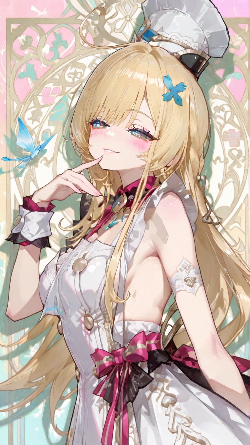 1 woman,Alone, High resolution, Long hair, breasts, blush, smile, fringe, Hair bow, language, blue eyes, blond hair,throw, hair flower, animated style. Anile “Violet Evergarden”.