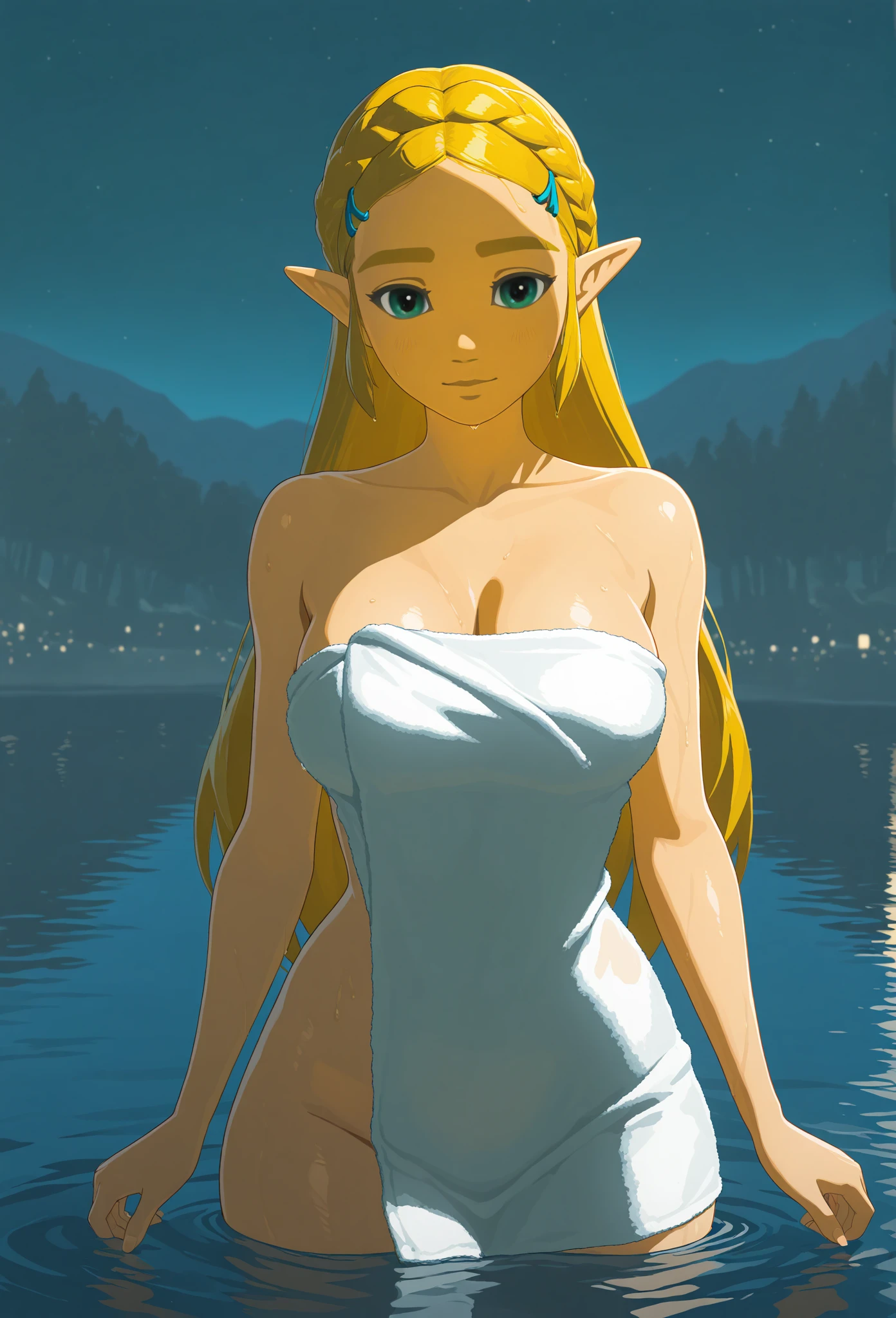((masterpiece)),(illustration),(((best quality)),iridescent, high resolution illustration,Amazing,highres,intricate detail, extremely detailed CG unity 8k wallpaper ((zelda)), large breasts, cleavage, upper_body, (delicate cute face), blond long hair, lovestruck,(green eyes), beach, moonlight, night time, bra, panties, smile, facing viewer
