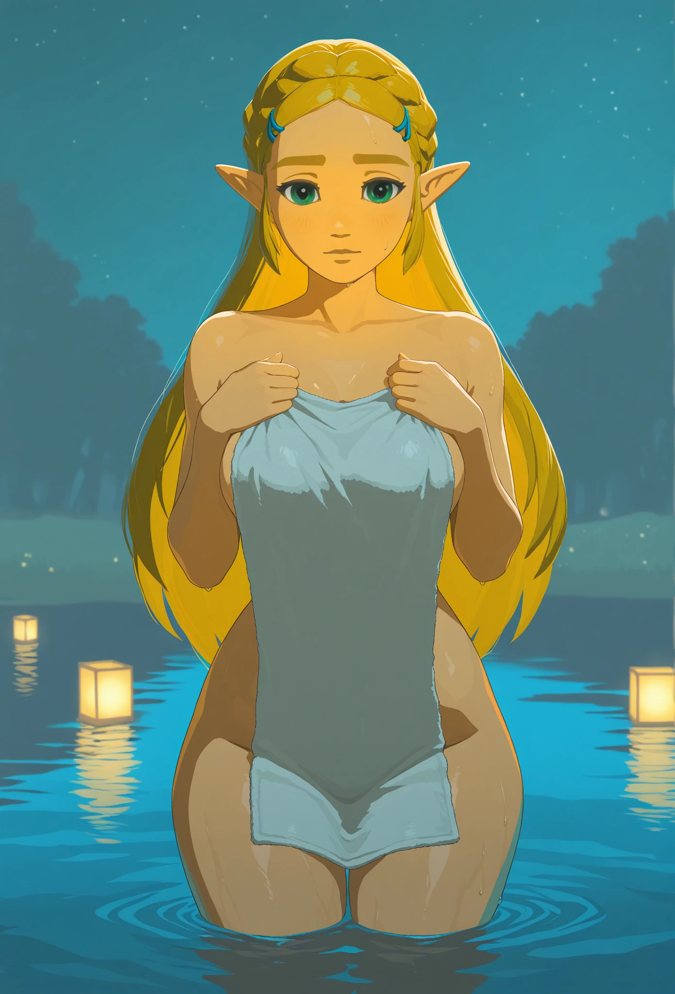 masterpiece, best quality, anime, ultra detailed, pixel art, princess_zelda, 1girl, blonde_hair, blue_eyes, breasts, cleft_of_venus, completely_nude, evening, female_pubic_hair, forehead_jewel, hands_up, heart, island, large_breasts, long_hair, looking_at_viewer, navel, nipples, nude, ocean, outdoors, parted_lips, pointy_ears, pubic_hair, pussy, smile, solo, stomach, teeth, tiara, triforce_earrings, very_long_hair, wading, water, wet