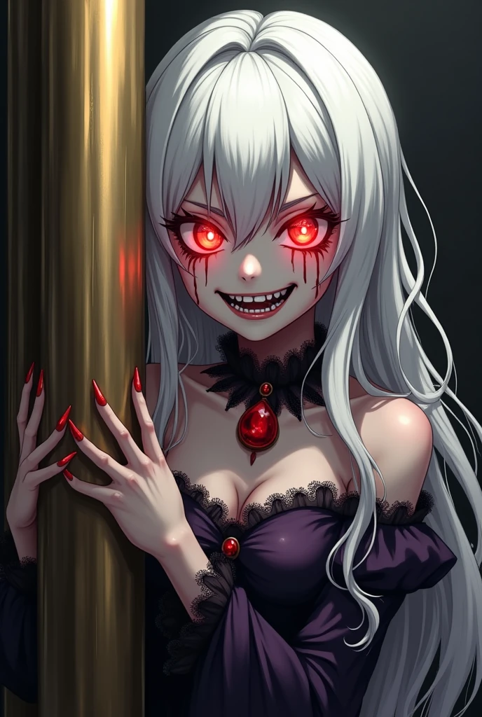 1girl,black sclera, cleavage,upper body, eyelashes, looking at viewer, red eyes, solo,shiny skin,huge breasts,halloween,skull,blood,blood on face,horror \(theme\),pale skin,evil grin