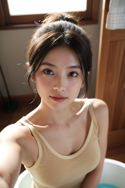 (1girl), Masterpiece, Best Quality, Ultra-realistic capture, Highly detailed, High resolution 16k, cute girl, natural white skin, (((natural saggy big breast:0.6, Height is 145cm, (round face:1.2), black hair, ponytail, dark brown eyes, thin lips, thin eyebrows))), hospital, Nurse uniform, warm smile,