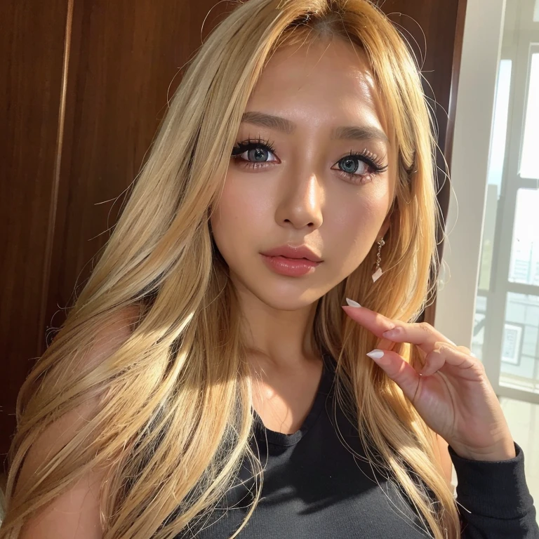 masterpiece,highest quality,taller than, Asian,(brown race),black skin,blonde hair,1 girl,ticker