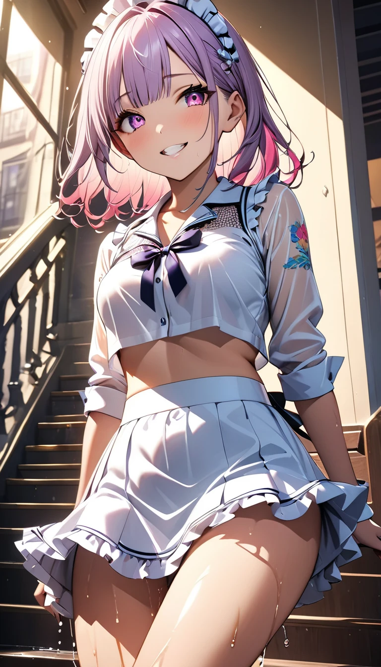 Masterpiece、最high quality、high quality、High definition、High resolution、High detail、Lens flare、Ray tracing method、high qualityの質感、high qualityの影、Beautiful details、Detailed and delicate、Detailed texture、Realistic facial expression、Realistic and colorful、Delicate、Cinematic Light、Side light、Sharp Focus、(1 woman:1.3)、(Intricate details、Makeup、Pure Eros Face_v1:0.5)、(Details Beautiful delicate face、Detailed beautiful delicate eyes、Perfect Facial Proportions、Detailed skin、Charm)、fancy hairstyles、Beautiful bangs、(Two-tone gradient hair color)、slender、(Upturned beautiful breasts)、Raise your arm and make a peace sign、Detailed crotch、Female juice、(Experiencing the best orgasm)、Light-colored V-cut、Light-colored thong、Thigh mini skirt、Low-rise mini skirt、Front-button short-sleeve shirt、Crop top、Low-angle composition