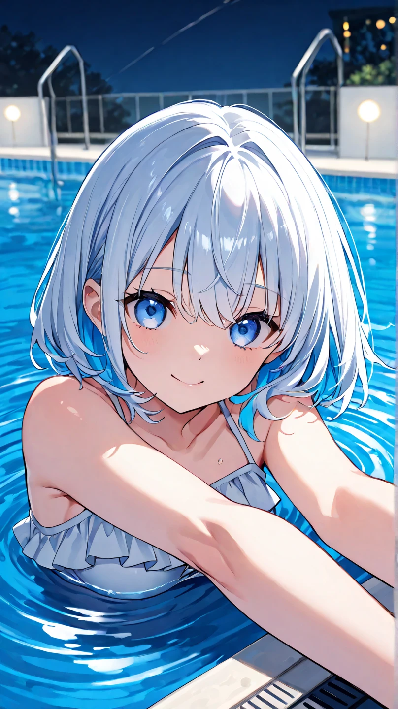 Two Girls, masterpiece, Highest quality, Highly detailed CG Unity 8k wallpaper, High School Girl Anime Illustration. Please wear a cute bikini swimsuit., Raise your hands in a joyful pose, She closes her eyes and opens her mouth wide, smile. white hair color, Yellow Eyes, Bokeh, Spotlight Light, The background is a large outdoor swimming pool with sunlight streaming in., Pastel blue sky, Splash, water droplets, Bokeh photo, (Soft Focus): 1.2, Out of focus highlights, Dreamy atmosphere, Fascinating Depth