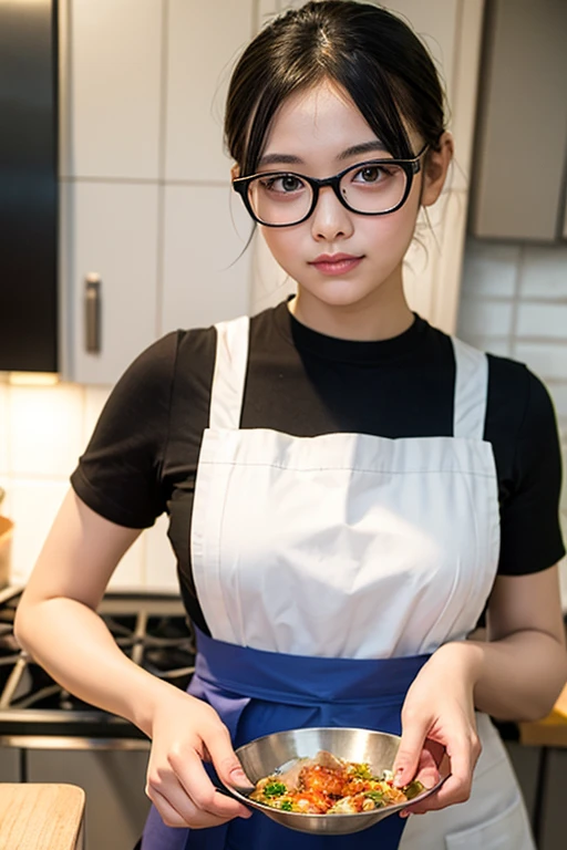 Portrait of a twintail black hair woman,glasses, slight smile,pink lips,green eyes,only wearing apron, sharp focus, no shirt, hd, ultra hd, 16k