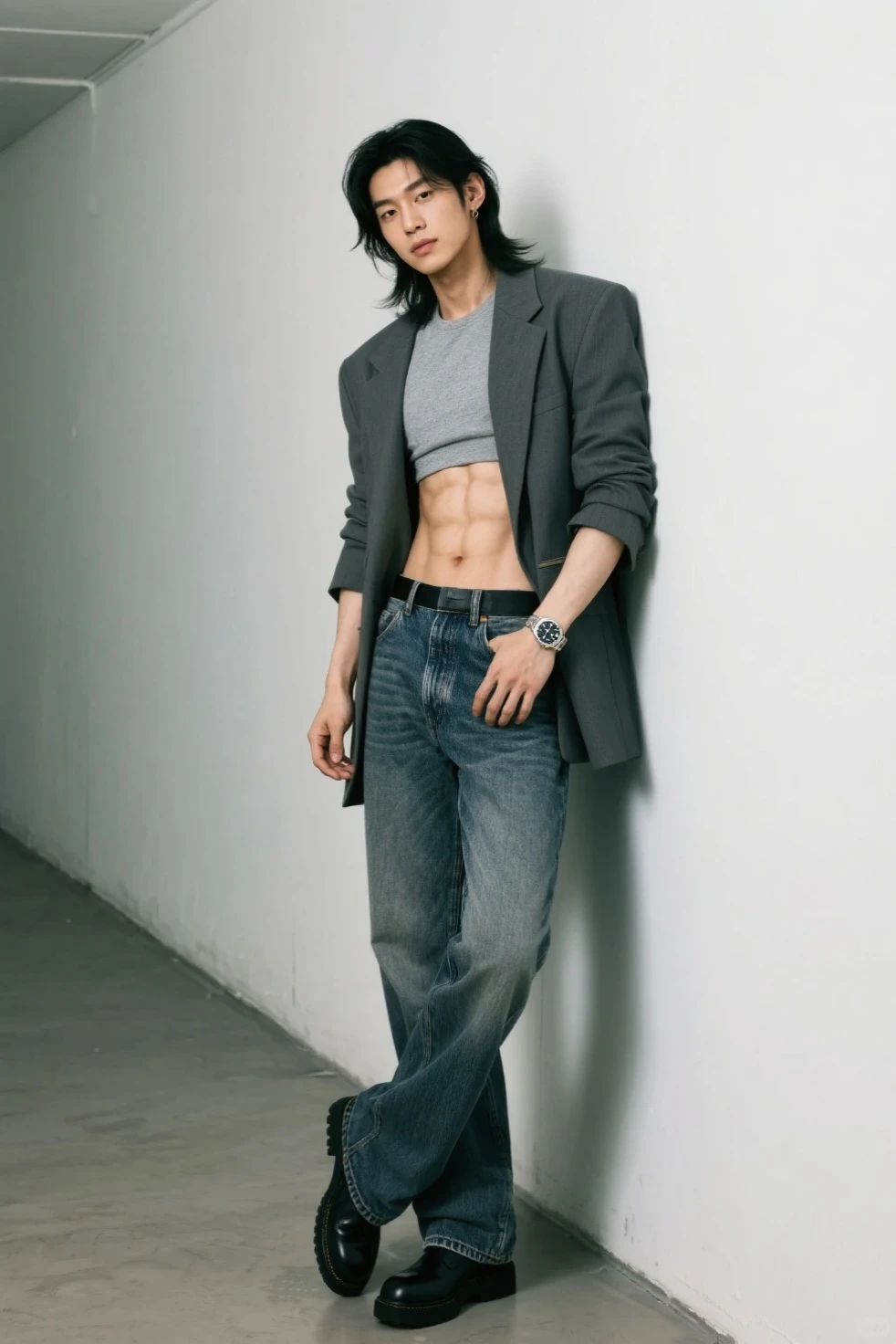 A sturdy boy, handsome, brown hair, white skin, blue eyes, western, cute face, half-body pose, VERY HANDSOME, age 25, perfect lips and nose, wearing a black shirt, alpha male type, comma hair style, standing against a plain white background.