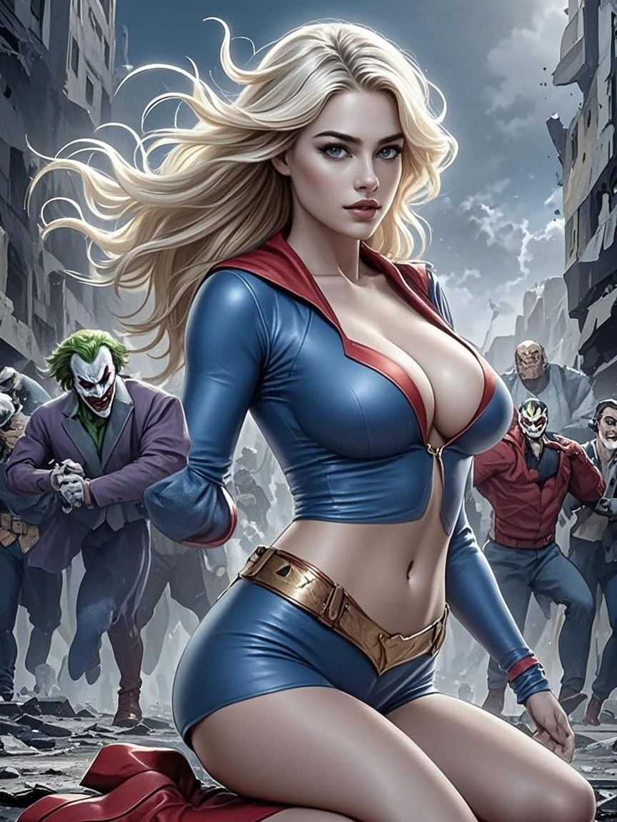 "A woman/maid/Batman/Spider-Man, enormous breasts, blond hair, mohawk, exhibitionist, in a fighting position, closed fists, within a crowded meter of passengers, anime-style."