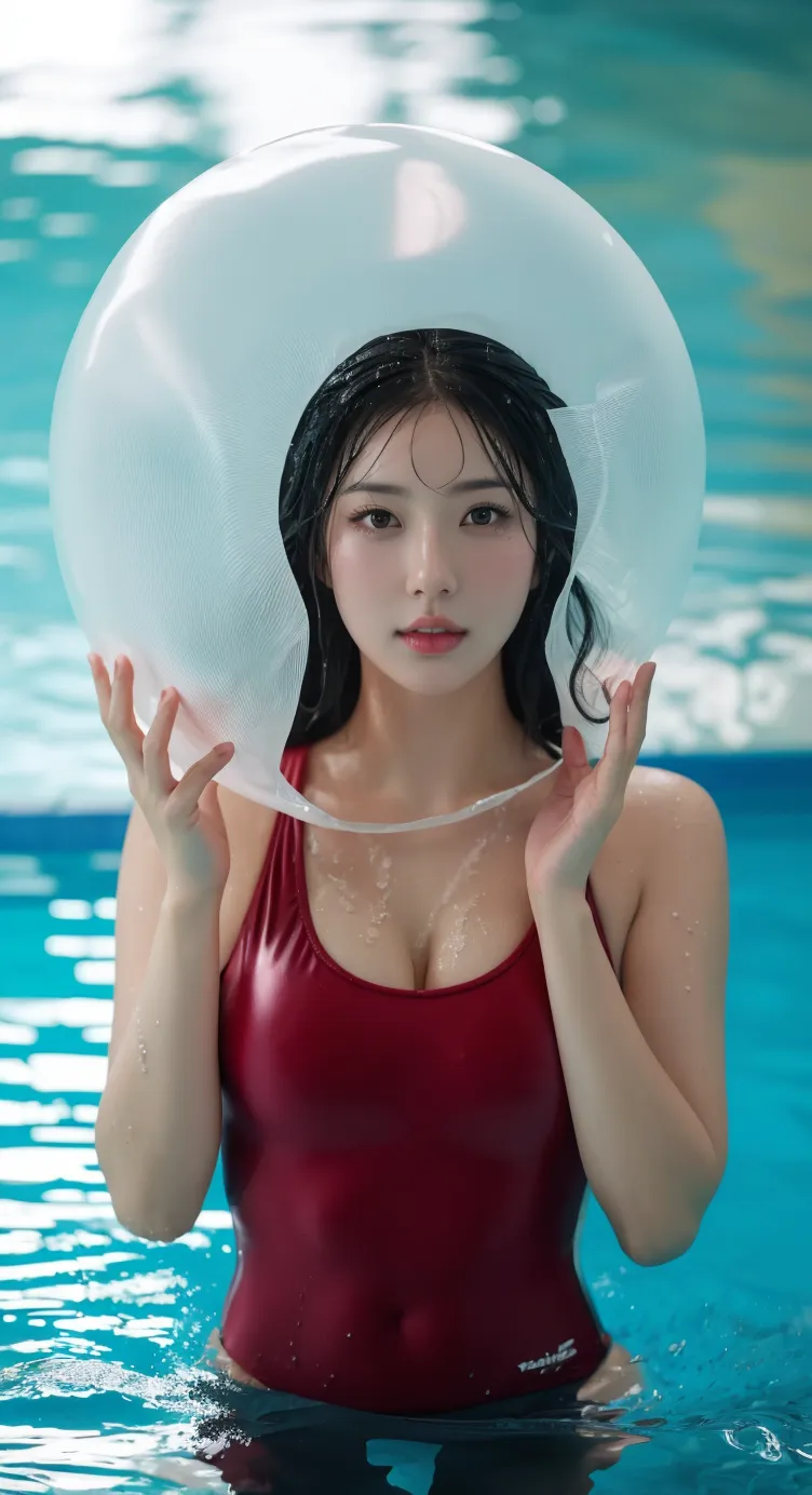 Diffuse lighting、 Highest quality, High resolution, unity 8k wallpaper、Supersaturation, Japanese、1 female、２３age、Synchronized swimming athletes、World Congress、Serious expression、Shiny flower patch in hair、Red and pink outfit、Upper body in water、Pool、Dancing in the water、Sparkly costume、artistic swimming、
