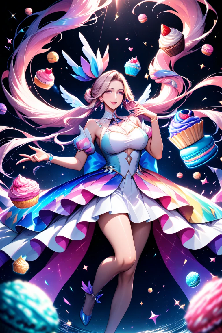 an oil painting portrait of a queen eating a (an epic donut: 1.3), an exotic exquisite beautiful queen, dynamic hair color, wavy hair, dynamic eyes color,  intense eyes, wearing glamour silk dress, intricate detailed dress, dynamic color dress, dynamic style dress, wearing diamond crown ((eating  a large donut: 1.3)),  (cherries: 1.1), (whipped cream: 1.1), (chocolate bar: 1.1)  fantasy pastry shop background,  vibrant, Ultra-high resolution, High Contrast, (masterpiece:1.5), highest quality, Best aesthetics), best details, best quality, highres, 16k, [ultra detailed], masterpiece, best quality, (extremely detailed) RAW, (ultra details, Masterpiece, best quality),   , Intense gaze, blood, Cinematic Hollywood Film
