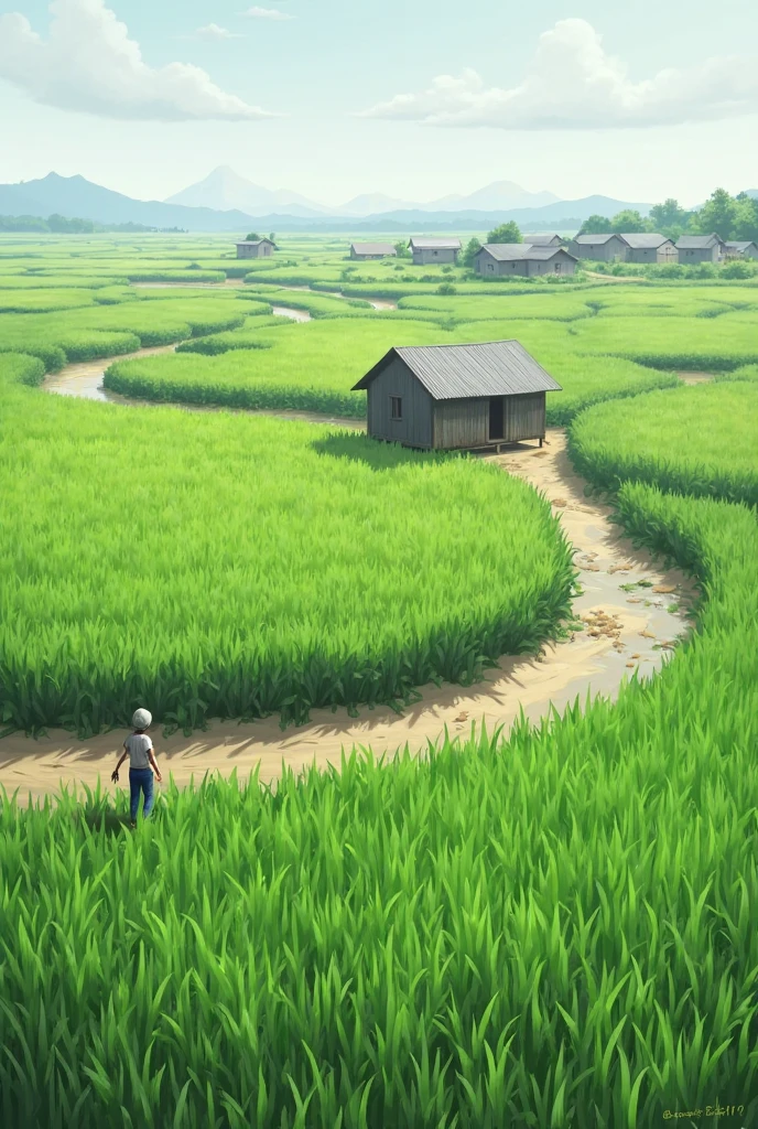 Miyazaki style rice paddies,Little girl cutting rice in a rice field
