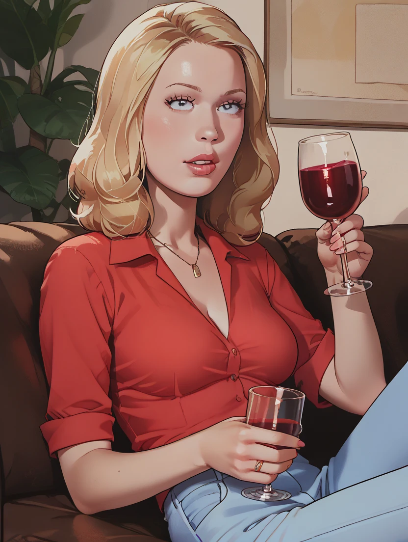 score_9,score_8_up,score_7_up,score_6_up, source_cartoon, 
woman, b_s, blonde hair, black eyes, red tshirt, blue pants, looking at viewer, serious, smiling, sitting, on large sofa, legs crossed, holding glass of wine,inside living room, soft lighting, 
