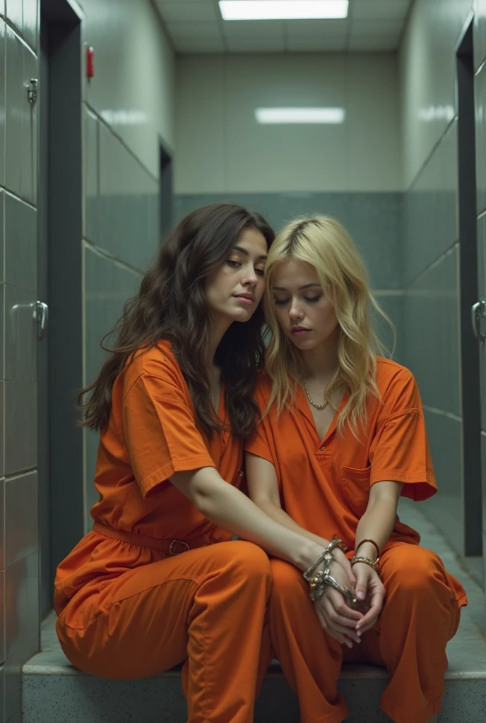 (8k:1.27), best quality, masterpiece, ultra highres:1.2), two lesbian delinquent girls with dyed hair and arm tattoos tongue kissing each other, tattooed girl, full body picture, dirty old white oversized knotted prisoner t-shirt, dirty big t-shirt, short big sleeves, beige prisoner pants tied with a rope, wearing dirty old goth clothes, long blonde hair pulled back and messy bun, kneeling in a prison cell next to a noose, handcuffed, hands tied with rope behind body, submissive neck choker and checkered keffiyeh scarf in neck, 4k or 8k picture, looking at the floor down very sad, very sad face, praying, paisley bandana pirate style headscarf, smelly, barefoot, rope noose hanging from ceiling, tattooed body, noose rope hanging, one girl grabbing the other girl by the neck, girls kissing