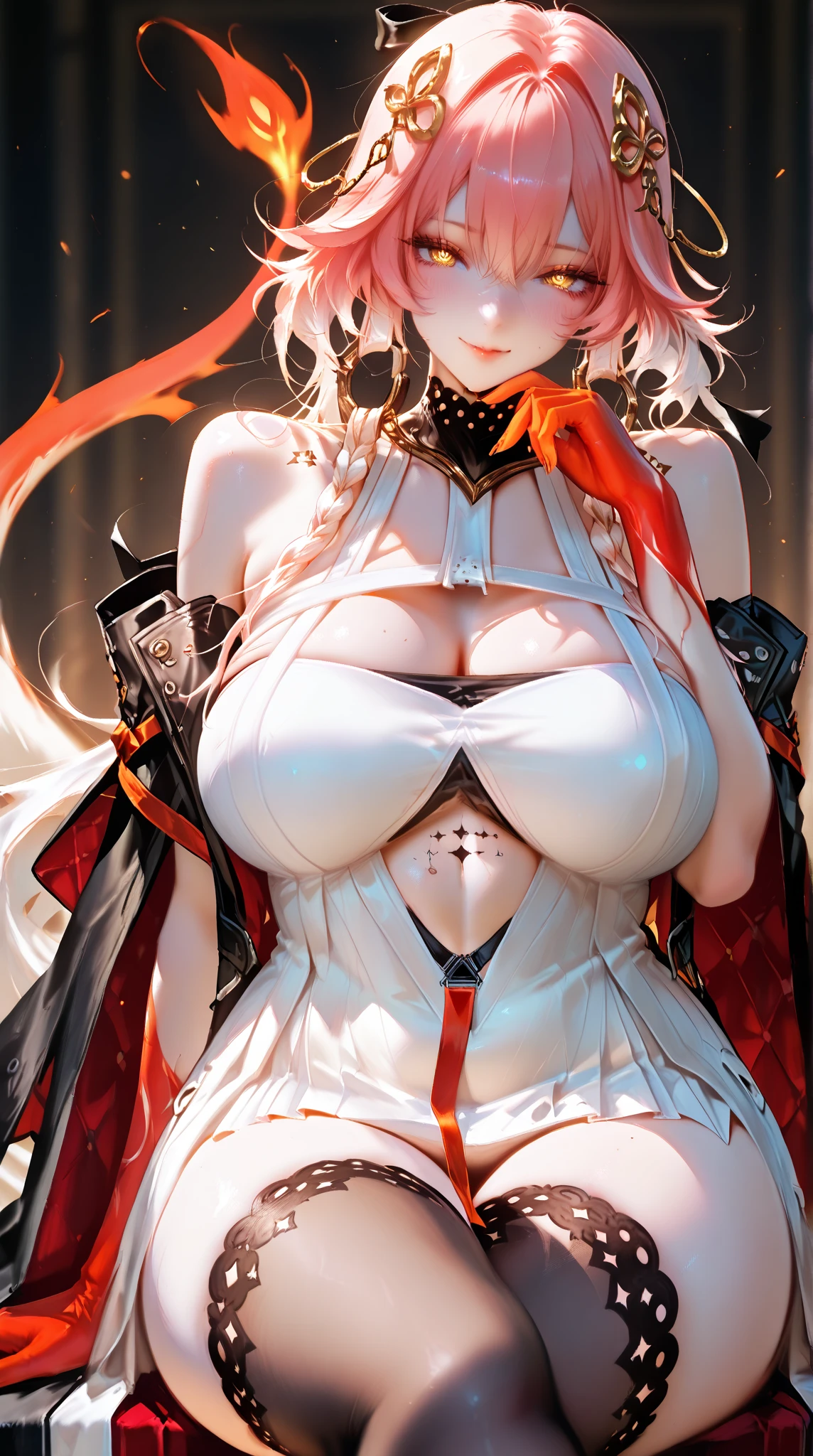 (masterpiece, best quality), best quality, (ultra-detailed), (3heads:1.5), 1girl, (inubashiri momiji:1.3), masterpiece, best quality, ultra quality, ultra resolution, ultra detail, white top, crop top, ((stomach)), midriff, ((groin)), red and black skirt, normal ears, shackles, white hair, very long hair, wavy hair, sidelocks, red eyes, parted lips, fox girl, sweat, cute, toned belly, hand on own chest, eyelashes, (24 year old woman:1.3), (masterpiece:1.5), (best quality:1.5), (beautiful detailed), extremely detailed CG, extremely delicate and beautiful, depth of field, (finely detailed face), (perfect details:1.2), (mature female:1.3), wide pelvis, slender, large veiny breast, 16k resolution, highres, high quality, high definition, extremely detailed, masterpiece, white hair, long hair, alluring presence, braid, short skirt, close up, big , young, fox ears, fox tail,
