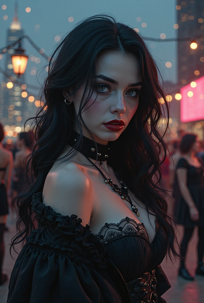Dressed as a vampire with vampire fangs and a vampire costume  coming out at nighttime Caucasian-Hispanic mix women, with deep wave long curls smooth finish black hair with, light blue, teal, and blonde combined together blue eyes, Instagram model, black makeup long lashes, big lips, red lipstick nose pierced 30k