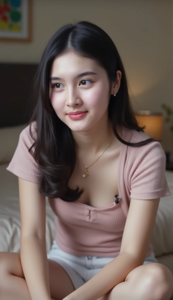 there is a woman sitting on a bed with a cell phone, south east asian with round face, photo of the girl, portrait of modern darna, photo of a woman, with very thin lips, with round face, potrait, face picture, close up potrait, with accurate face, taken with sony alpha 9, picture, with short hair, big bobs, bobs, perfect breast, perfect bobs, a women no bra, no bra, Nipple, a transparant t-shirt, transparant dress, No Bra, 1 girl with no bra, full body, transparant body, nipples, no bra, no bra, perfect bobs,
