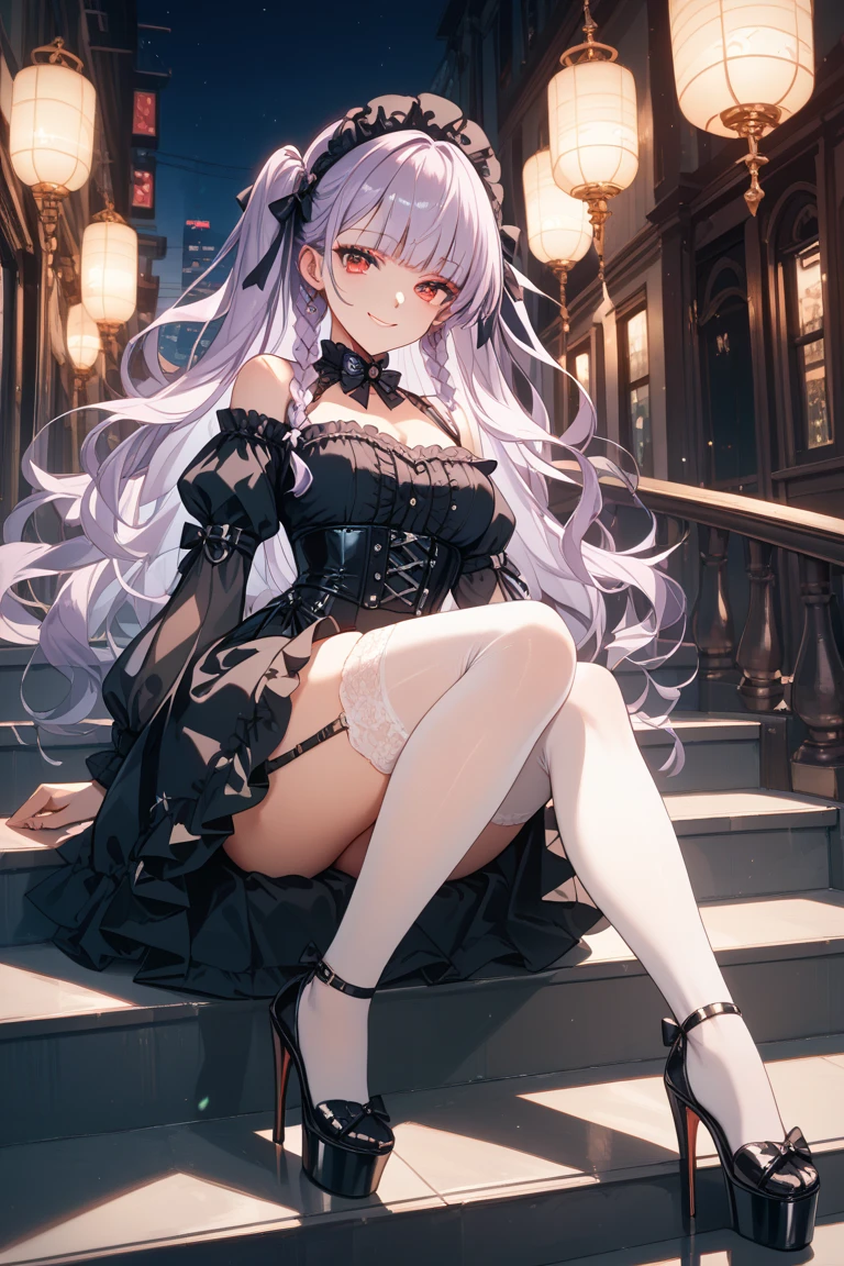 Highest quality,Highest Resolution,Beautiful girl with a smile in a gothic leotard,High leg,Frills,Very beautiful eyes,Standing posture,whole body,front,Place your hands behind your head.,Bedroom,Night view outside the window,Knee-high stockings,