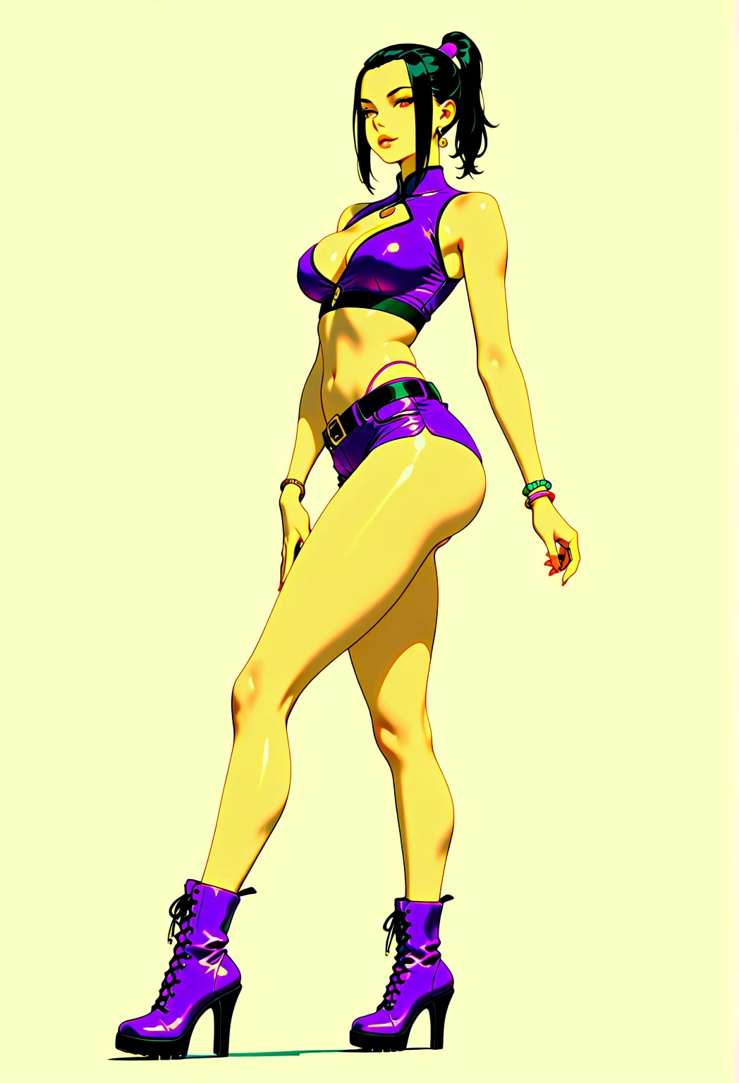 Masterpiece, best quality, Masterpiece, best quality, 1 woman , blue eyes , yellow ponytail , black leather jacket , sly face , smile , purple bikini , abdomen, big breasts , Long legs , boots , hands on hips , blank background