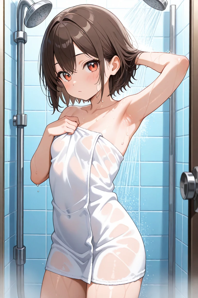 Nude woman, skinny, small breasts, short brown hair, blue eyes, pussy exposed, in the shower, masturbating