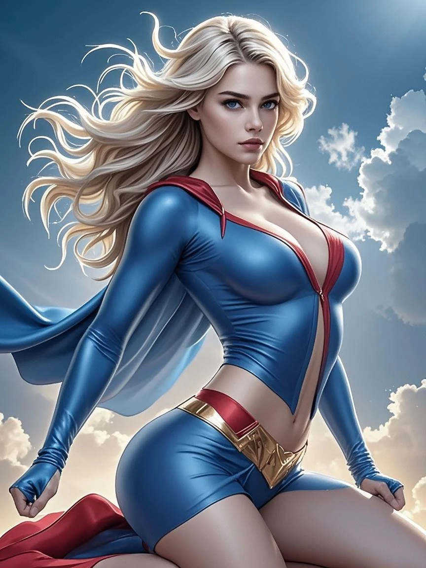 The image features an animated female character in comic book or illustration style, strong and confident. She is in space, with several planets and stars in the background, suggesting a sci-fi or superhero theme. Her outfit is silver with black and red details, fitted to the body and with a design that looks futuristic and technological. The character has long, wavy blonde hair, and her facial expression is focused and determined. She is depicted in a dynamic pose, suggesting movement or readiness for action. In the foreground, the curvature of the Earth is visible, giving a perspective that places it above the planet, looking down. The style of the image is vibrant and colorful, typical of superhero illustrations found in visual media, particularly comic books.