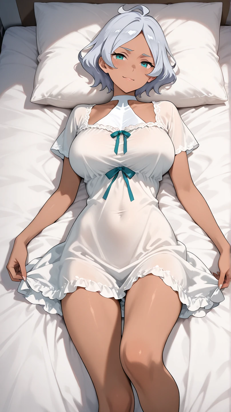 Elegant adult Woman White hair Golden eyes pink skin White clothes Bed Bedroom Side braids Open legs High quality Masterpiece