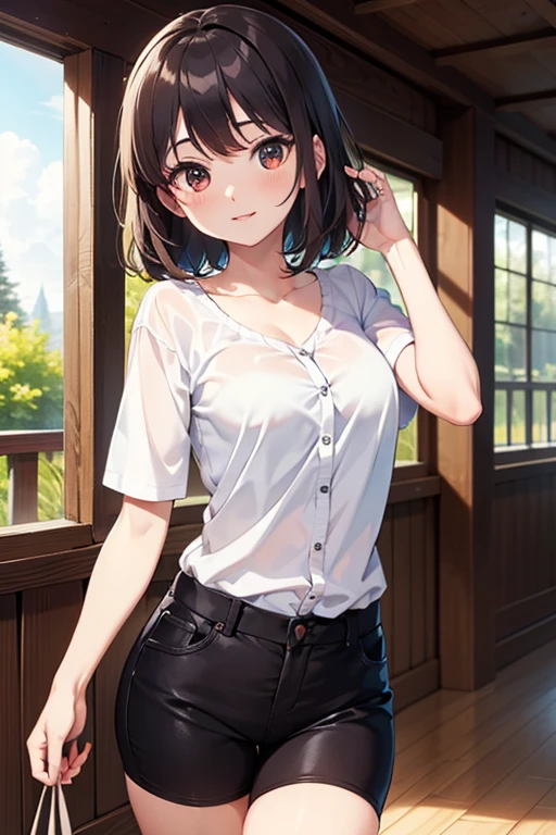 Very detailed,high resolution,(artwork_1.0),(best quality_1.0),1girl, teenage girl, short hair, curly hair, brown eyes, serious look, white background, black denim shorts, blue checkered shirt, medium breasts.