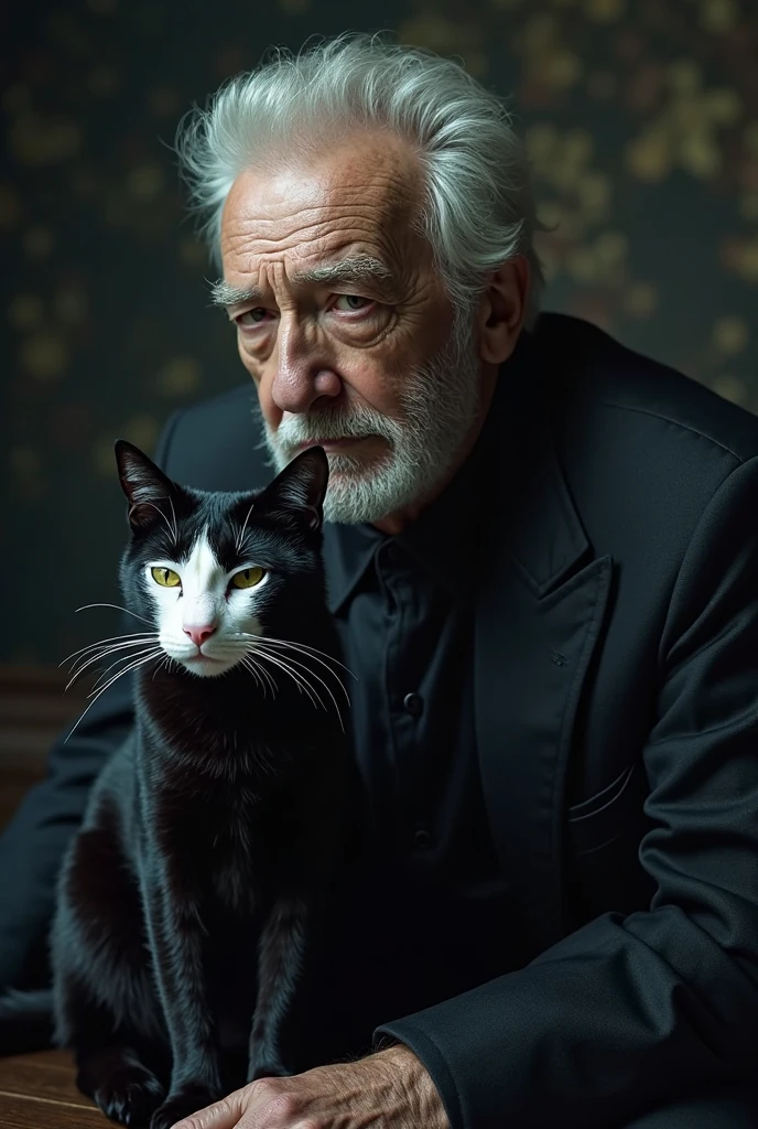 Classic image of Sigmund Freud holding a cigar in one hand and holding a black cat. black and white image