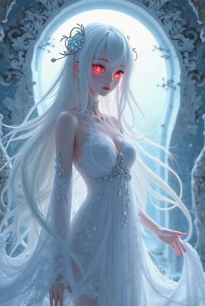 Anime woman, tall, fancy white dress, white hair, red eyes, ominous smile, devious expression, milfy proportions, ghastly